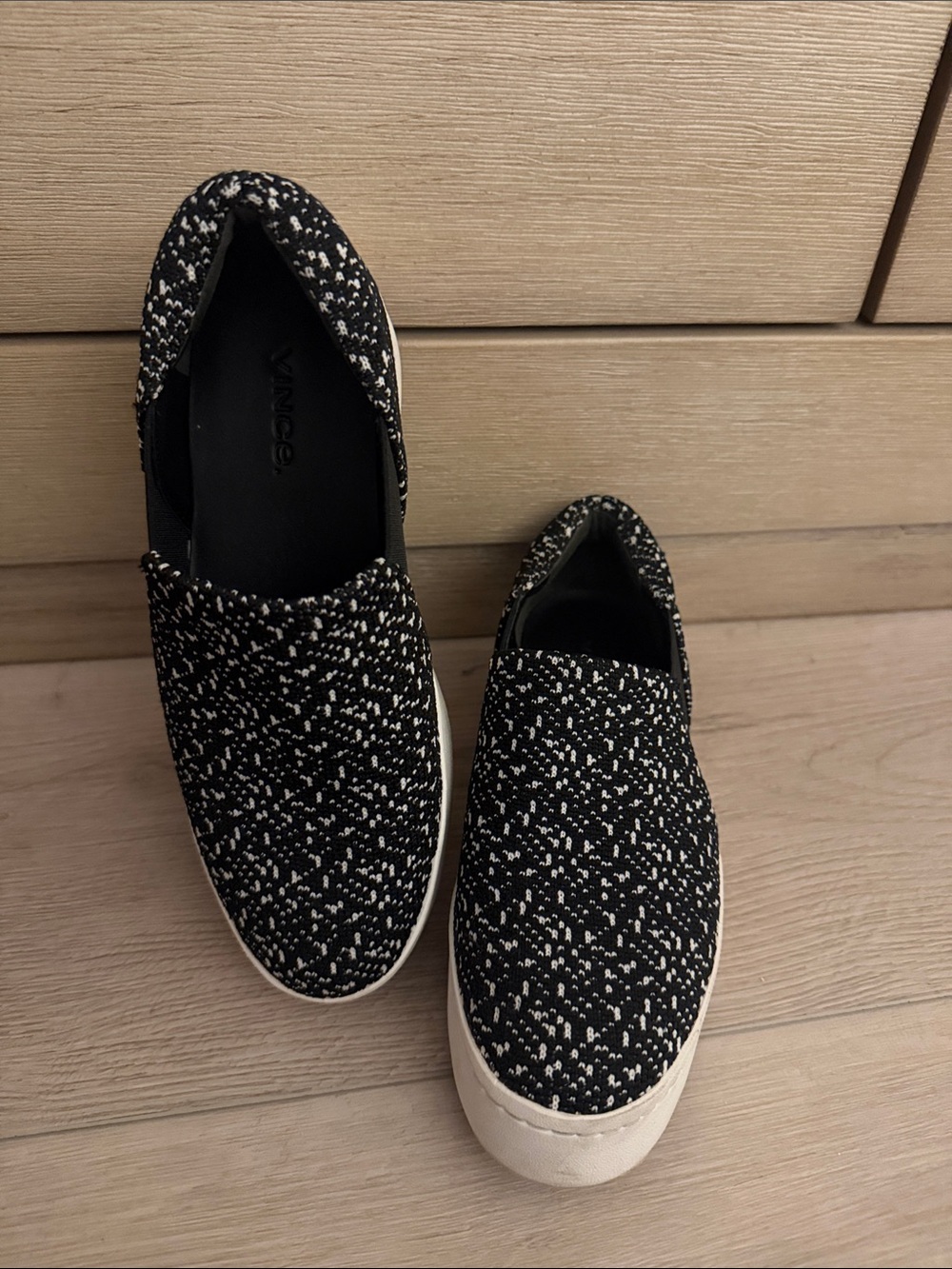 Vince Black & White Speckled Knit Slip-On Sneakers